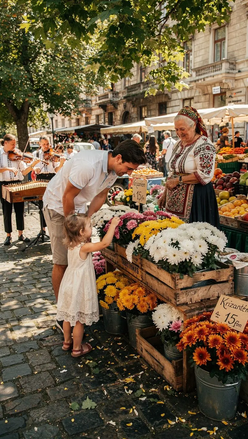 Teáscsésze, benne krizantém virágokkal, édes és lágy ízvilággal.