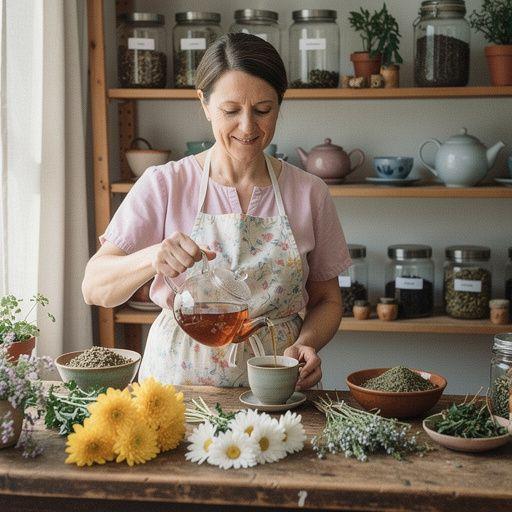 Egy csésze gőzölgő krizantém tea, mellette friss virágok.
