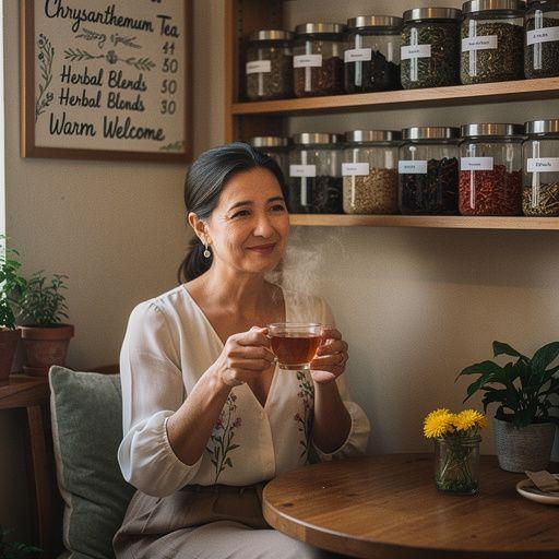 Krizantém tea készítése, mintázott teáskannával és csészével.